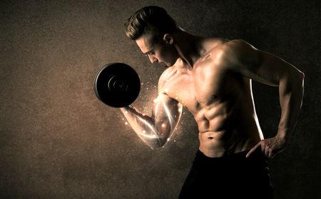 Bodybuilder lifting weight with energetic white lines concept on backround