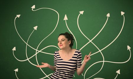 Young student with thoughtful expression with tangled arrows coming out of her back