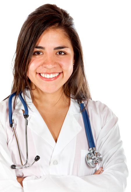 friendly female doctor smiling isolated over white