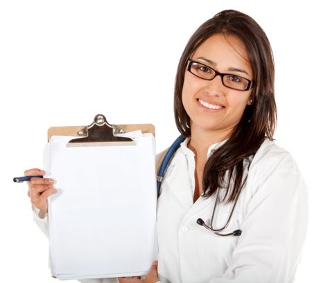 friendly female doctor smiling and displaying a blank sheet isolated over white