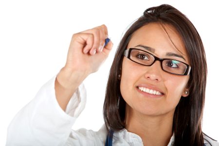 girl drawing on screen isolated over a white background