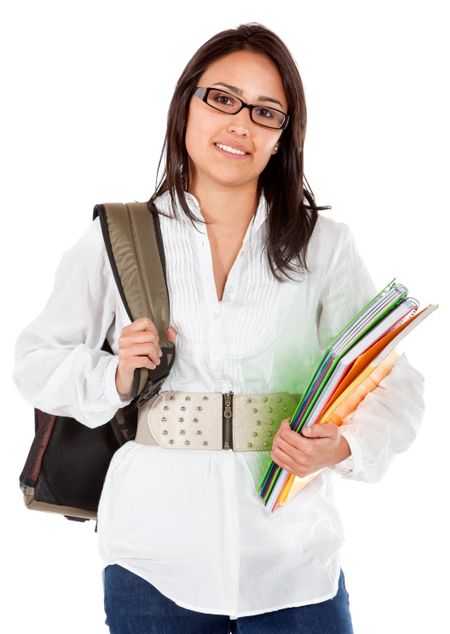 Beautiful female student with notebooks isolated over a white background