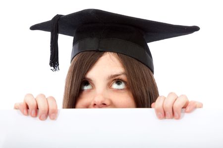 female graduate holding a banner ad isolated over a white background