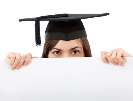 female graduate holding a banner ad isolated over a white background
