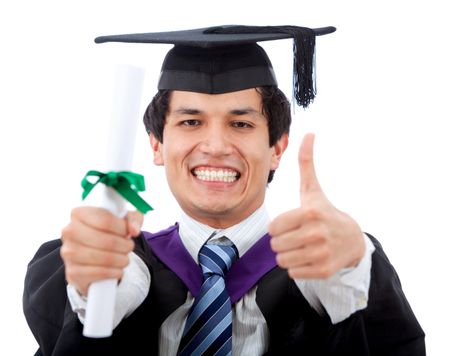 male graduation portrait smiling with thumbs up and showing his diploma
