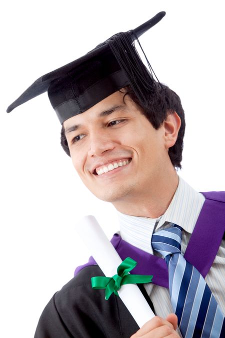 male graduation portrait smiling and holding his diploma