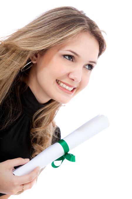 beautiful woman smiling and holding her diploma isolated over a white background