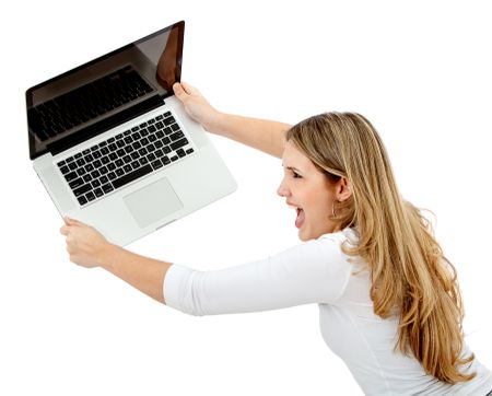 Casual girl full of joy on a laptop computer - isolated over a white background