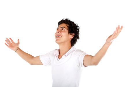 casual man standing with his arms up representing his success isolated over a white background
