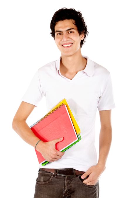 male student with a notebook isolated over a white background