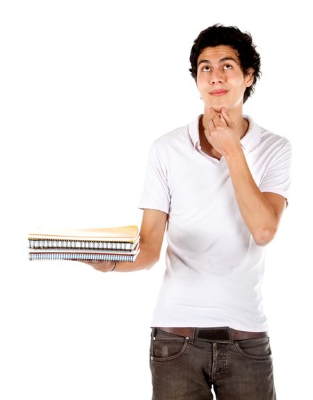 pensive student with notebooks on his hand isolated over a white background
