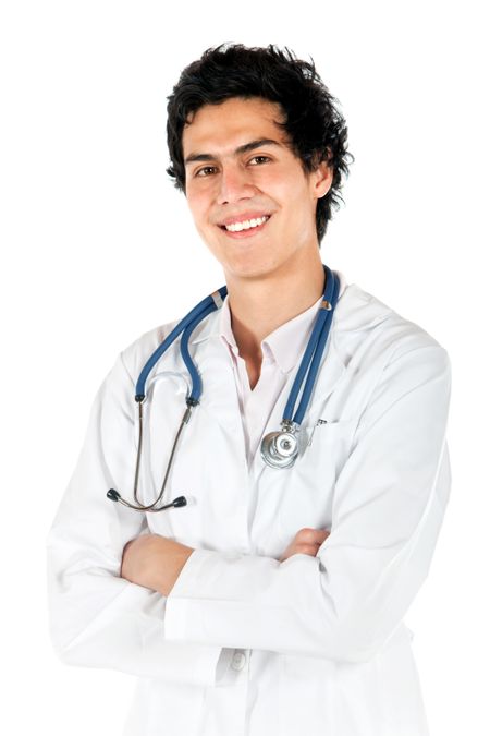 friendly male doctor smiling isolated over white