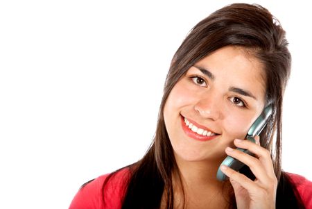 casual woman talking on the phone - isolated over a white background