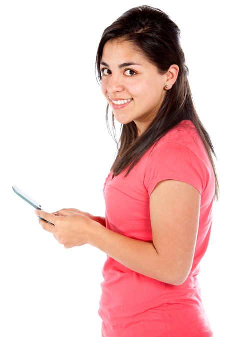 Woman texting on her mobile phone isolated