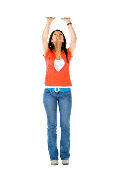 casual woman pushing something up isolated over a white background