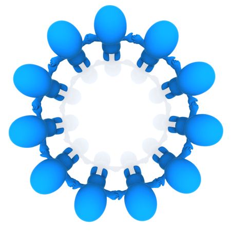 Top view of 3D men doing a circle isolated over a white background - blue colored