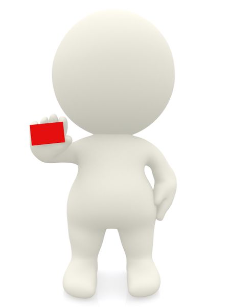3D fullbody man showing his red business card isolated over a white background