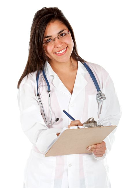 friendly female doctor smiling isolated over white