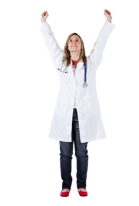 friendly female doctor smiling full of joy with her arms up isolated over a white background