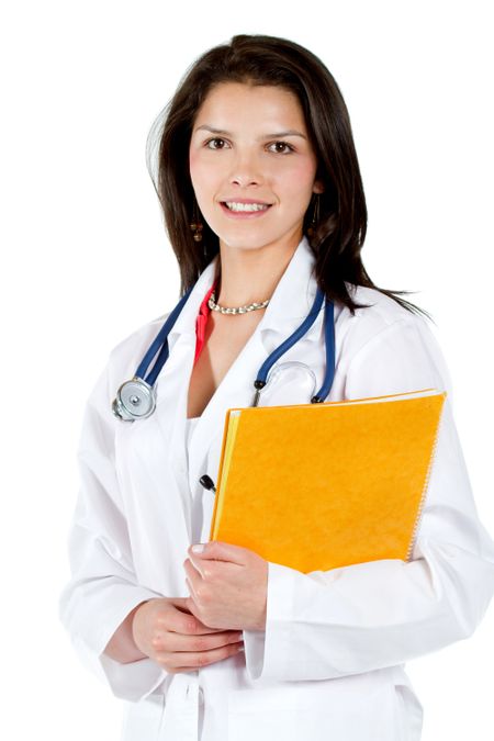 friendly female doctor smiling isolated over white