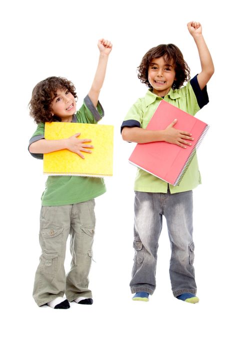 School boys with notebooks isolated over a white background