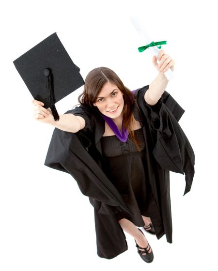female graduation portrait smiling with her arms up isolated over a white background - top view