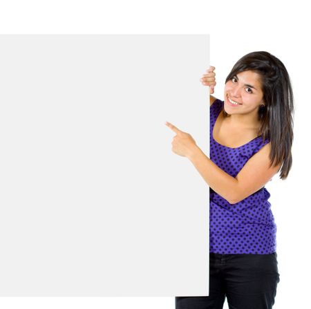 casual woman pointing something on a banner ad isolated over a white background