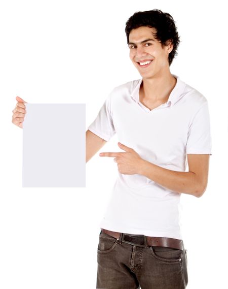 casual man displaying a banner ad isolated over a white background
