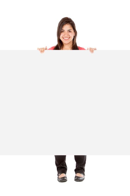 casual woman displaying a banner ad isolated over a white background