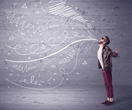 A mad hipster guy with beard shouting drawn white lines, curves on concrete urban wall illustration background concept