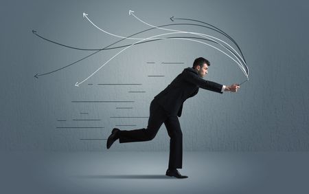 Running businessman with device and hand drawn lines concept on background