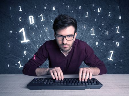 A funny hacker working hard on online passcode scanning and solving passwords with 0 1 numbers illustration in background concept