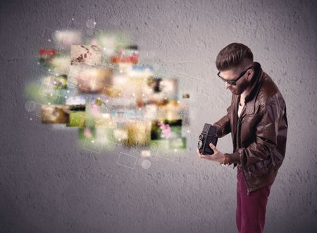 A funny stylish hipster guy capturing moments and memories with a retro photo camera illustration concept