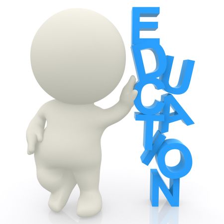 3D man with hand on word Education isolated over a white background