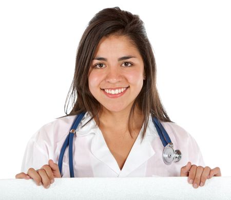 Female doctor displaying a banner ad isolated over a white background