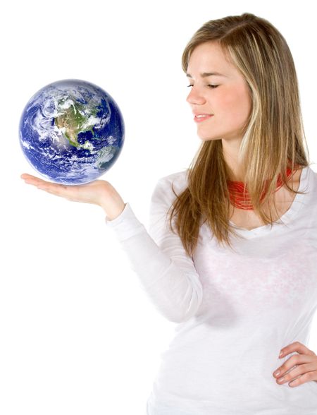 Casual woman holding globe isolated over a white background