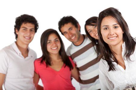 beautiful girl with her friends behind her isolated over a white background