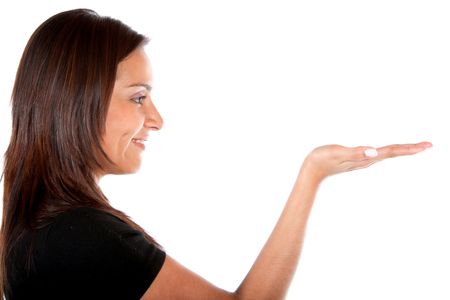 Display girl with hand up for showing a product