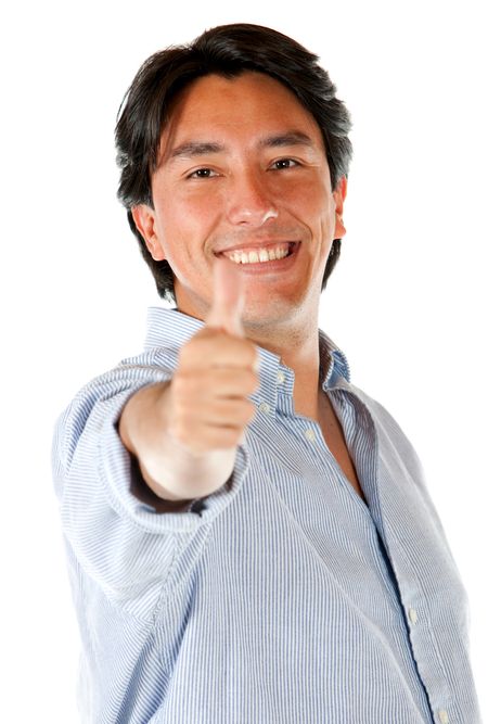 casual man smiling with thumb up isolated over a white background