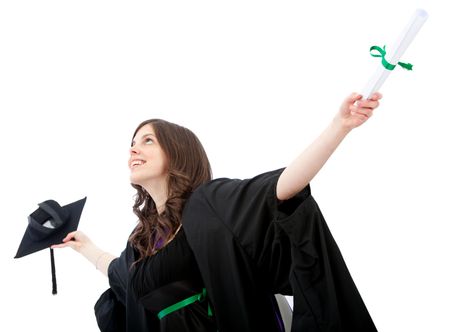 female graduate full of success with her arms up isolated over a white background