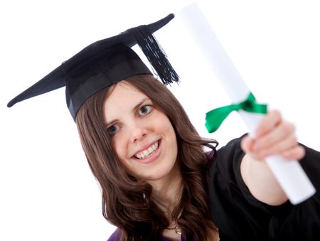 female graduation portrait smiling and showing her diploma