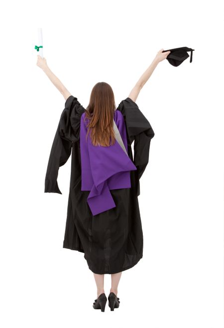 Rear view of a female graduate holding her diploma with her arms up over a white background