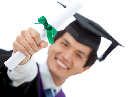 male graduation portrait smiling and showing his diploma