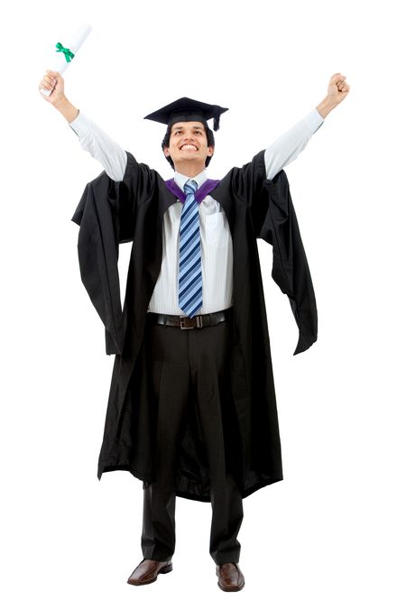 male graduate full of success with his arms up isolated over a white background