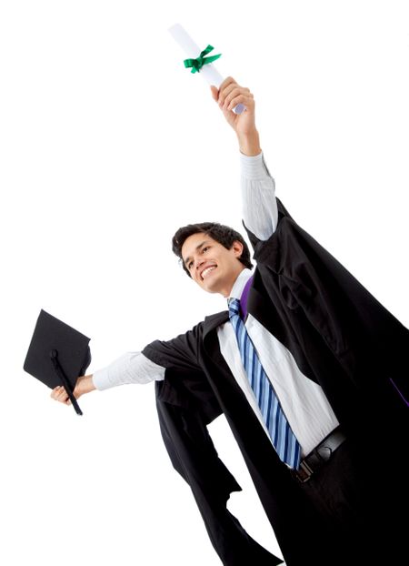 male graduate full of success with his arms up isolated over a white background