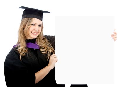 Graduation woman displaying a banner ad isolated over a white background