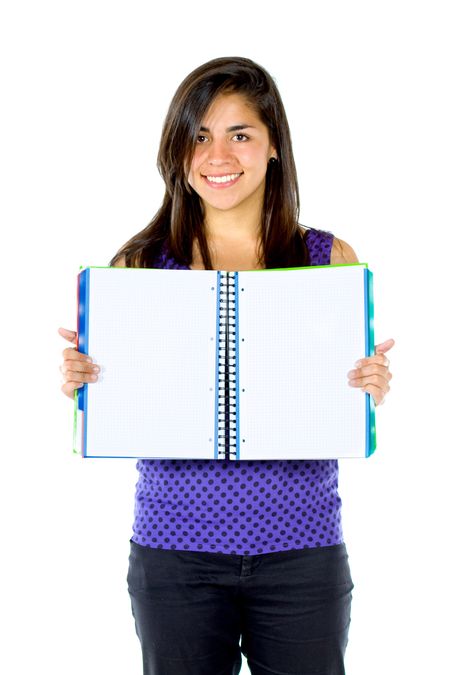 Beautiful female student with an open notebook isolated over a white background