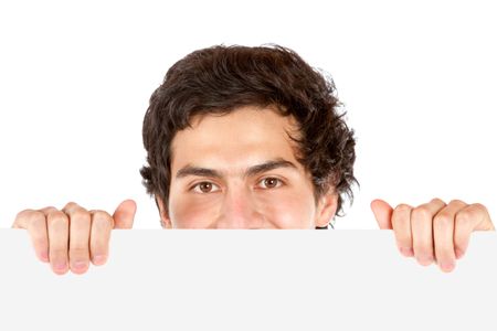 casual man displaying a banner ad isolated over a white background