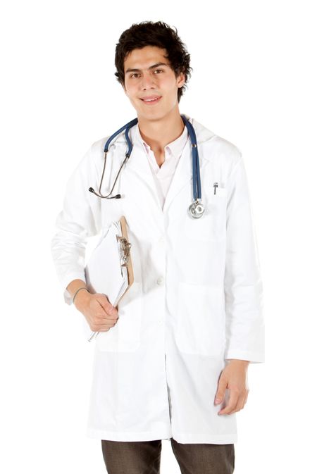friendly male doctor smiling isolated over white