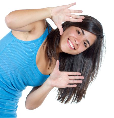 woman framing her face with her hands isolated on a white background